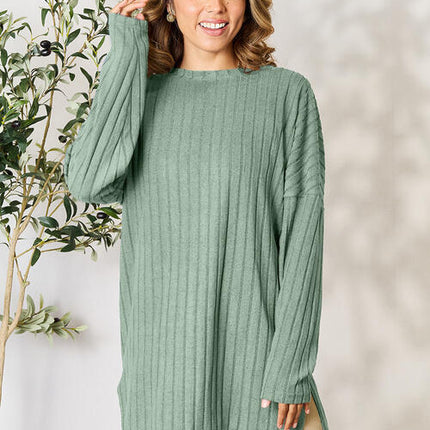 Basic Bae Full Size Ribbed Round Neck Long Sleeve Slit Top - Vickie Lynn's