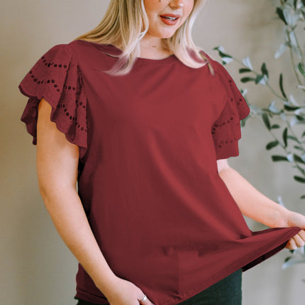 Plus Size Eyelet Round Neck Short Sleeve Blouse