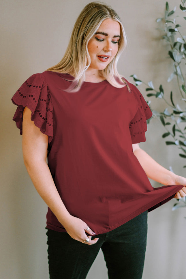 Plus Size Eyelet Round Neck Short Sleeve Blouse - Vickie Lynn's