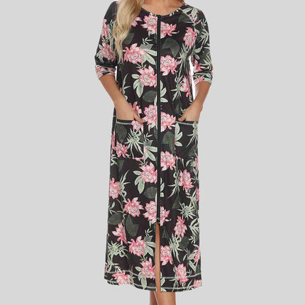 Printed Slit Night Dress with Pockets