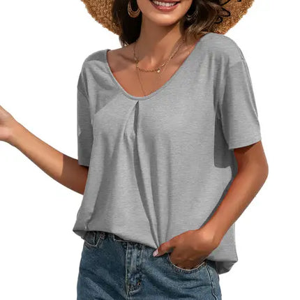 Camiseta casual de manga corta con cuello en V y encaje para mujer 
