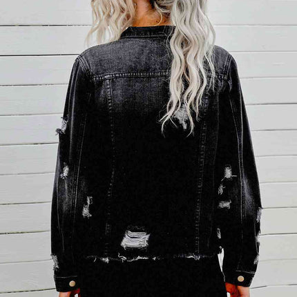 Distressed Raw Hem Denim Jacket - Vickie Lynn's