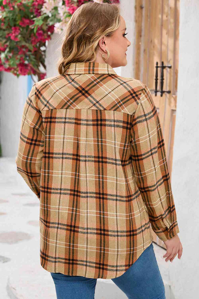 Plus Size Plaid Collared Neck Long Sleeve Shirt