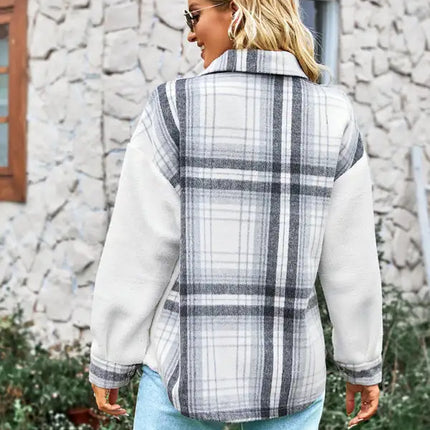 Abrigo estilo camisa a cuadros con temperamento casual para mujer 
