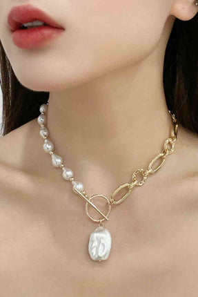 5-Piece Wholesale Half Pearl Half Chain Toggle Clasp Necklace