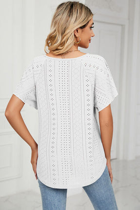 Eyelet Tie Neck Flutter Sleeve Blouse