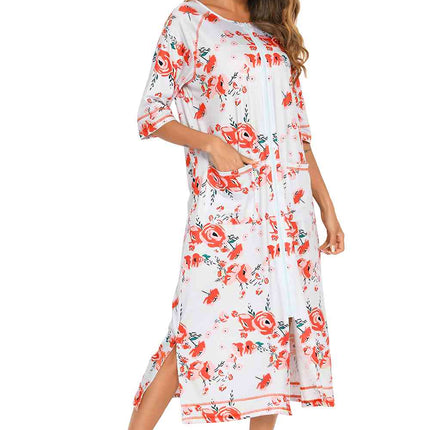 Printed Slit Night Dress with Pockets