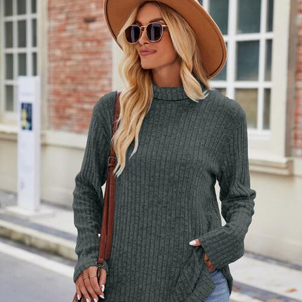 Ribbed Turtleneck Long Sleeve Slit Knit Top