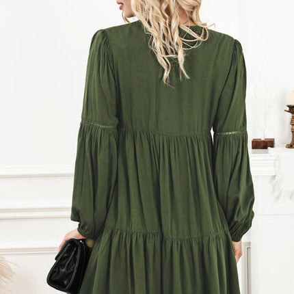 Tie Neck Long Sleeve Tiered Dress