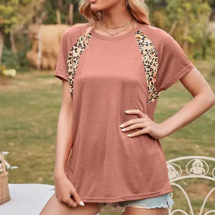 Women's Leopard Print Round Neck Raglan Short Sleeve T-Shirt