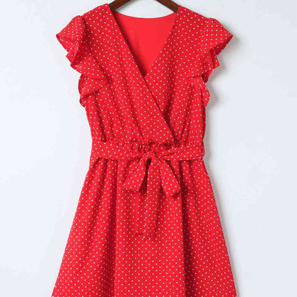 Polka Dot Surplice Neck Tie Waist Dress