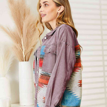 Dropped Shoulder Long Sleeve Printed Denim Jacket