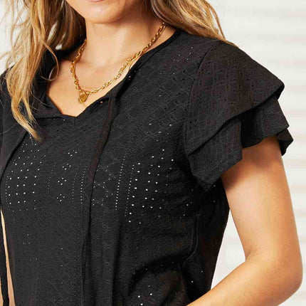 Double Take Eyelet Tie-Neck Flutter Sleeve Blouse