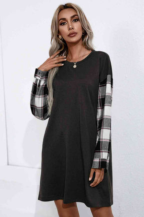 Plaid Sleeve Contrast T-Shirt Dress