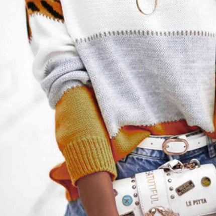 Full Size Round Neck Dropped Shoulder Color Block Sweater