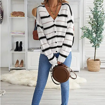 Nuevo cárdigan informal a rayas con cuello en V y manga larga para mujer 