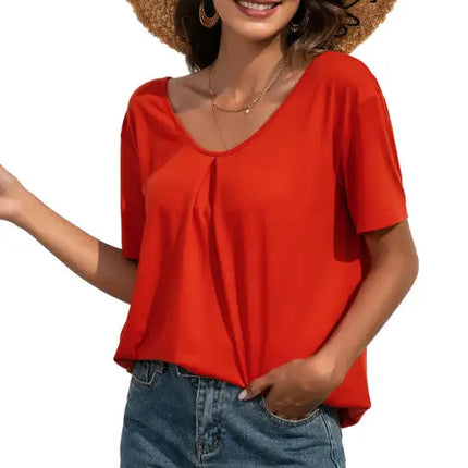 Camiseta casual de manga corta con cuello en V y encaje para mujer 