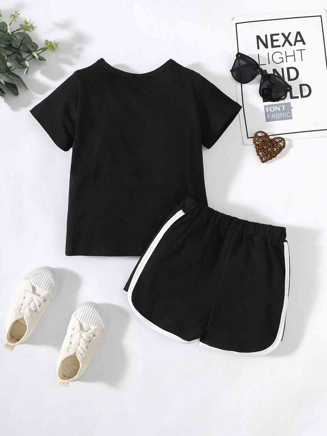 Kids Heart Print T-Shirt and Side Stripe Shorts Set