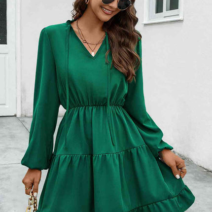 V-Neck Tie Neck Long Sleeve Dress