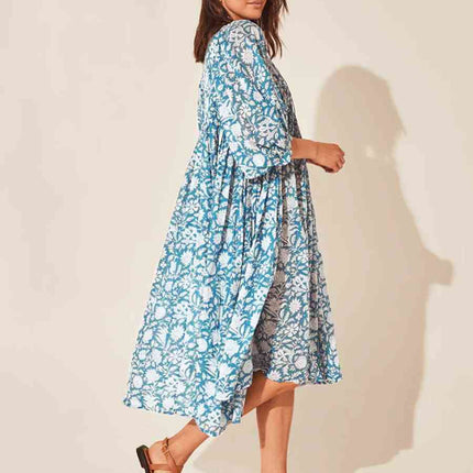 Floral Tie Neck Lantern Sleeve Dress