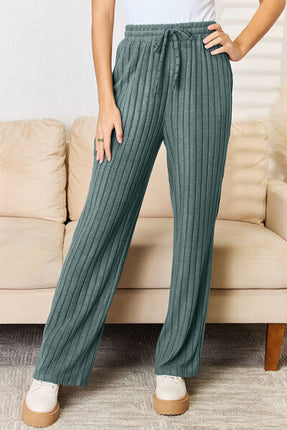 Basic Bae Full Size Ribbed Drawstring Hood Top and Straight Pants Set - Vickie Lynn's