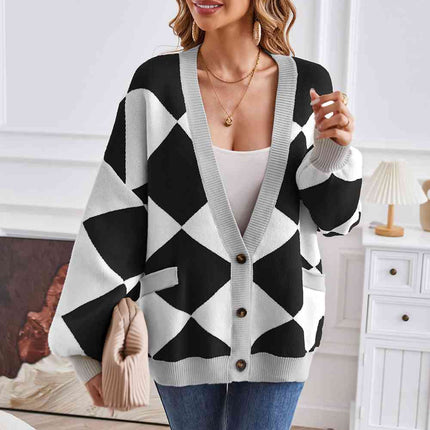 Geometric Lantern Sleeve Cardigan with Pockets