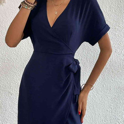 Tied Cuffed Sleeve Surplice Dress