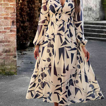 Printed V-Neck Long Sleeve Midi Dress