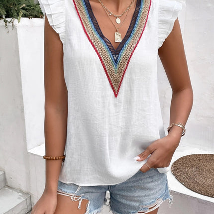 Ruffled V-Neck Cap Sleeve Blouse