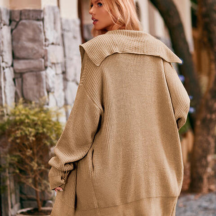 Collared Neck Button-Up Cardigan with Pockets