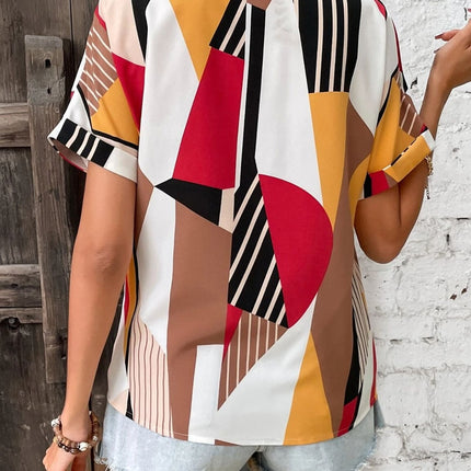 Printed V-Neck Short Sleeve Blouse