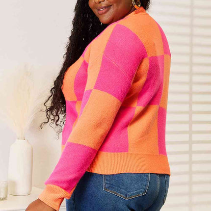 Woven Right Checkered V-Neck Dropped Shoulder Cardigan - Vickie Lynn's