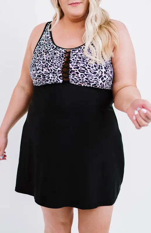 Traje de baño tankini de talla grande sin mangas con corte de empalme de leopardo 