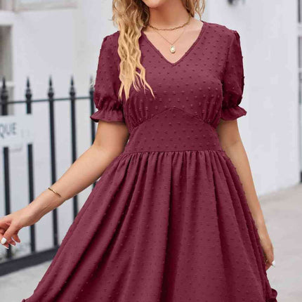 Swiss Dot Frill Trim Flounce Sleeve V-Neck Dress