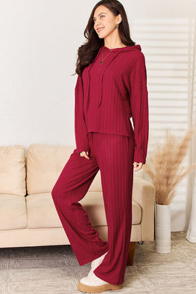 Basic Bae Full Size Ribbed Drawstring Hood Top and Straight Pants Set - Vickie Lynn's