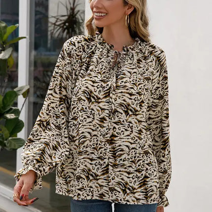 Women's Leopard Print Long Sleeve V-Neck Shirt Top