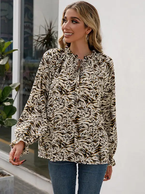 Women's Leopard Print Long Sleeve V-Neck Shirt Top