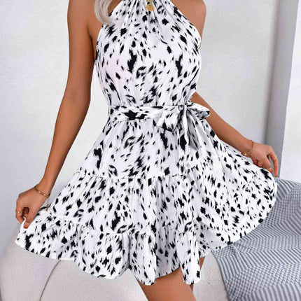 Halter Neck Printed Tie Waist Sleeveless Mini Dress - Vickie Lynn's