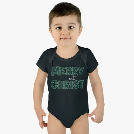 Short Sleeve Baby Onesie for Infants and Toddlers, Merry With Christ, Green Plaid Christmas Holiday Pattern Print