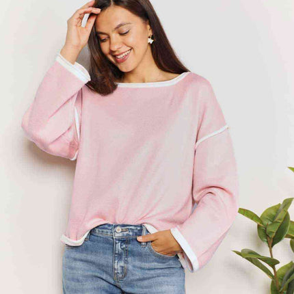 Double Take Contrast Detail Dropped Shoulder Knit Top - Vickie Lynn's