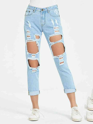 Buttoned Distressed Cropped Jeans