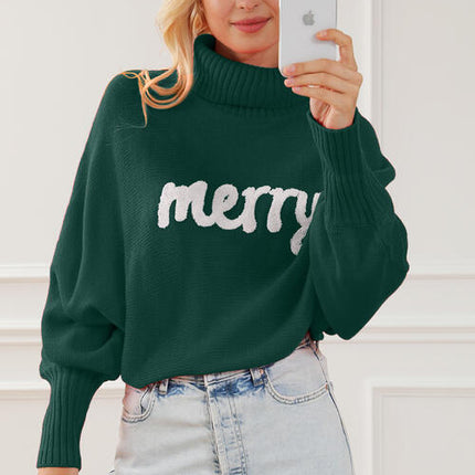 Merry Letter Embroidered High Neck Sweater - Vickie Lynn's