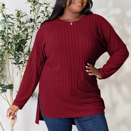 Basic Bae Full Size Ribbed Round Neck Long Sleeve Slit Top - Vickie Lynn's