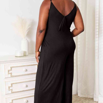 Double Take Full Size Soft Rayon Spaghetti Strap Tied Wide Leg Jumpsuit