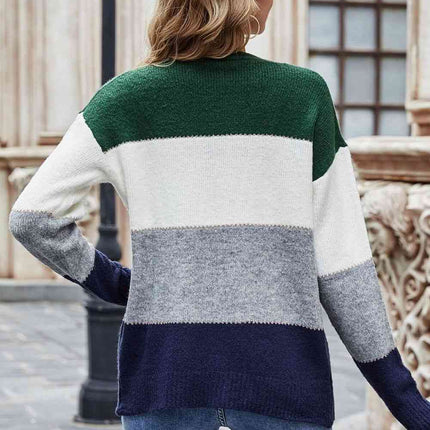 Woven Right Color Block V-Neck Button Down Cardigan