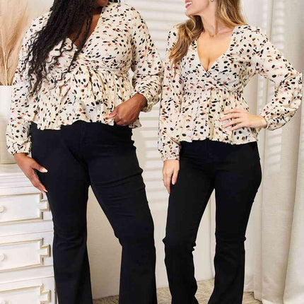 Double Take Printed Tied Plunge Peplum Blouse - Vickie Lynn's
