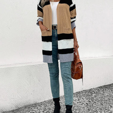 Color Block Open Front Drop Shoulder Cardigan