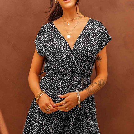 Printed Short Sleeve Romper with Belt - Vickie Lynn's
