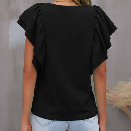 Round Neck Flounce Sleeve Blouse