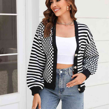 Button-Down Stripe & Plaid Contrast Pattern Cardigan